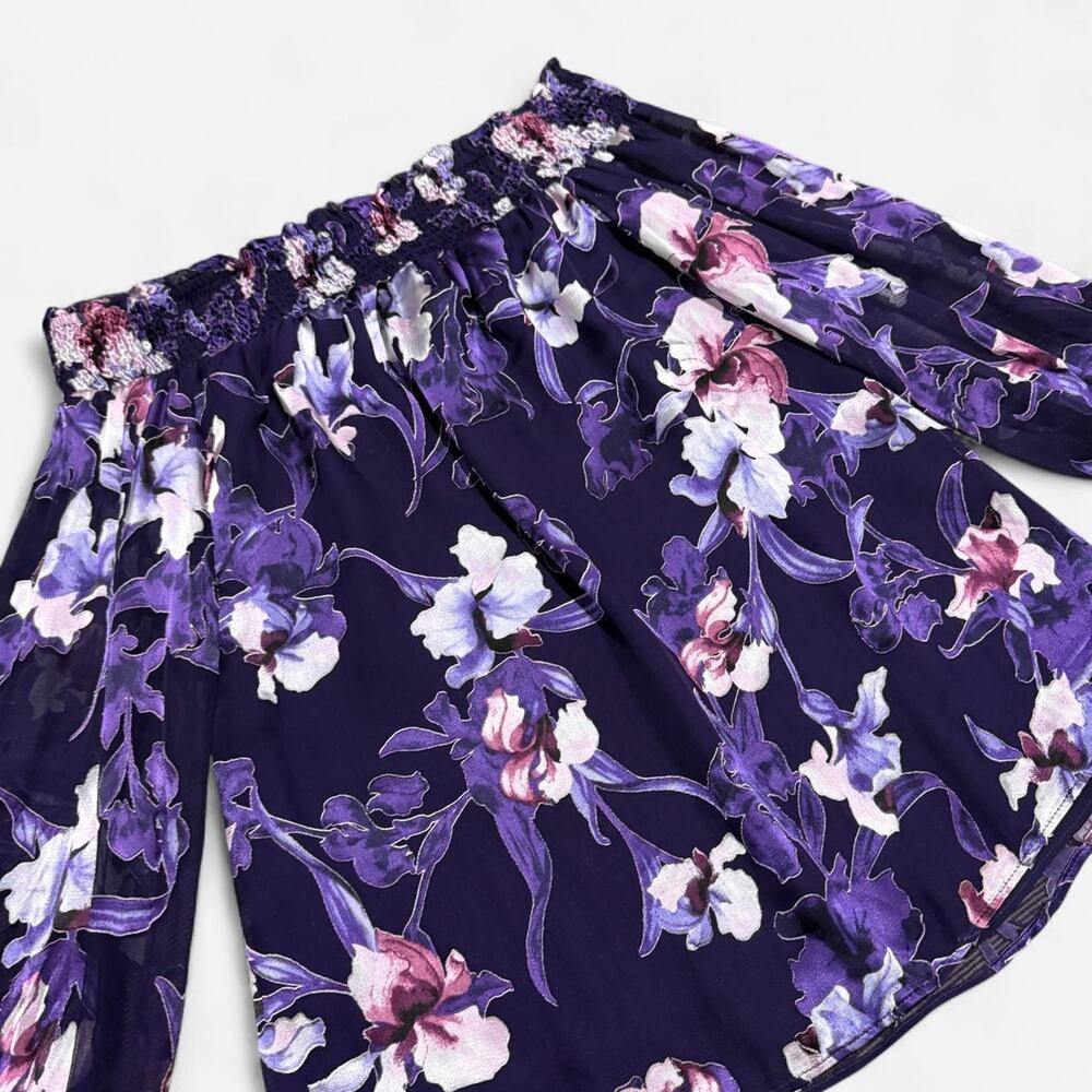 White House Black Market Purple Silk Blend Floral Burnout Off the Shoulder Top - Picture 7 of 8